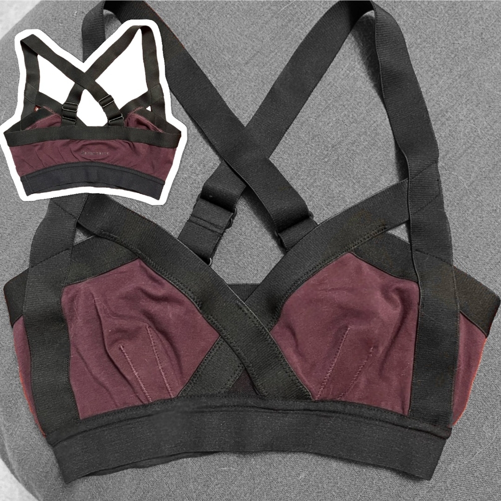 Aritzia Women's Rasa Sport Bra Top Black and Burgundy Strappy Bralette